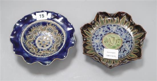 A Doulton Lambeth wavy rim dish by George Tinworth, c.1885 and a Doulton Lambeth petal-lobed dish by Frank A Butler, dated 1887